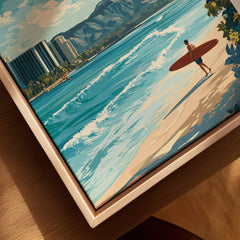 Honolulu Wall Art Print | Waikiki Beach Hawaii Travel Poster depicting a surfer on the beach with panoramic ocean view.