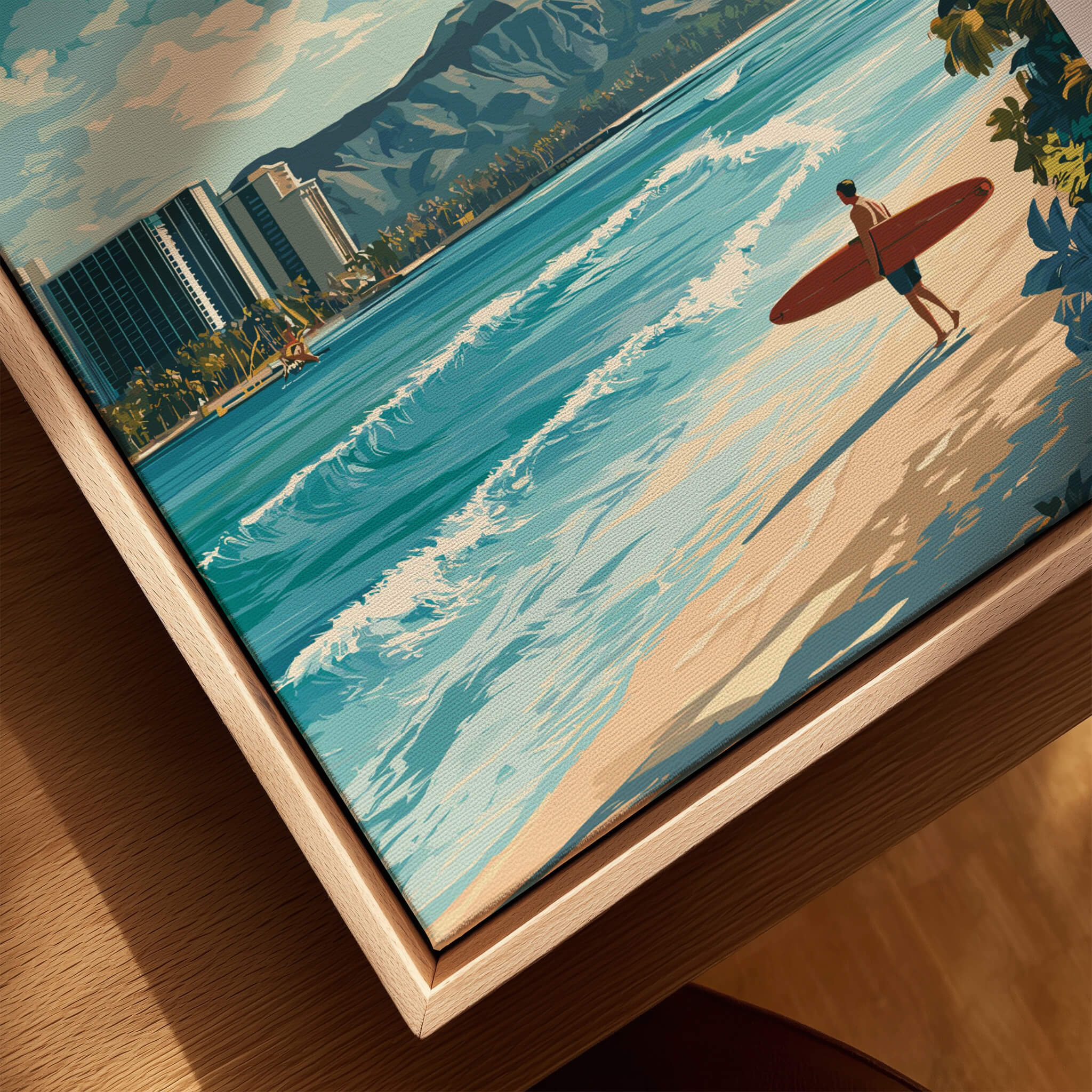 Honolulu Wall Art Print | Waikiki Beach Hawaii Travel Poster depicting a surfer on the beach with panoramic ocean view.