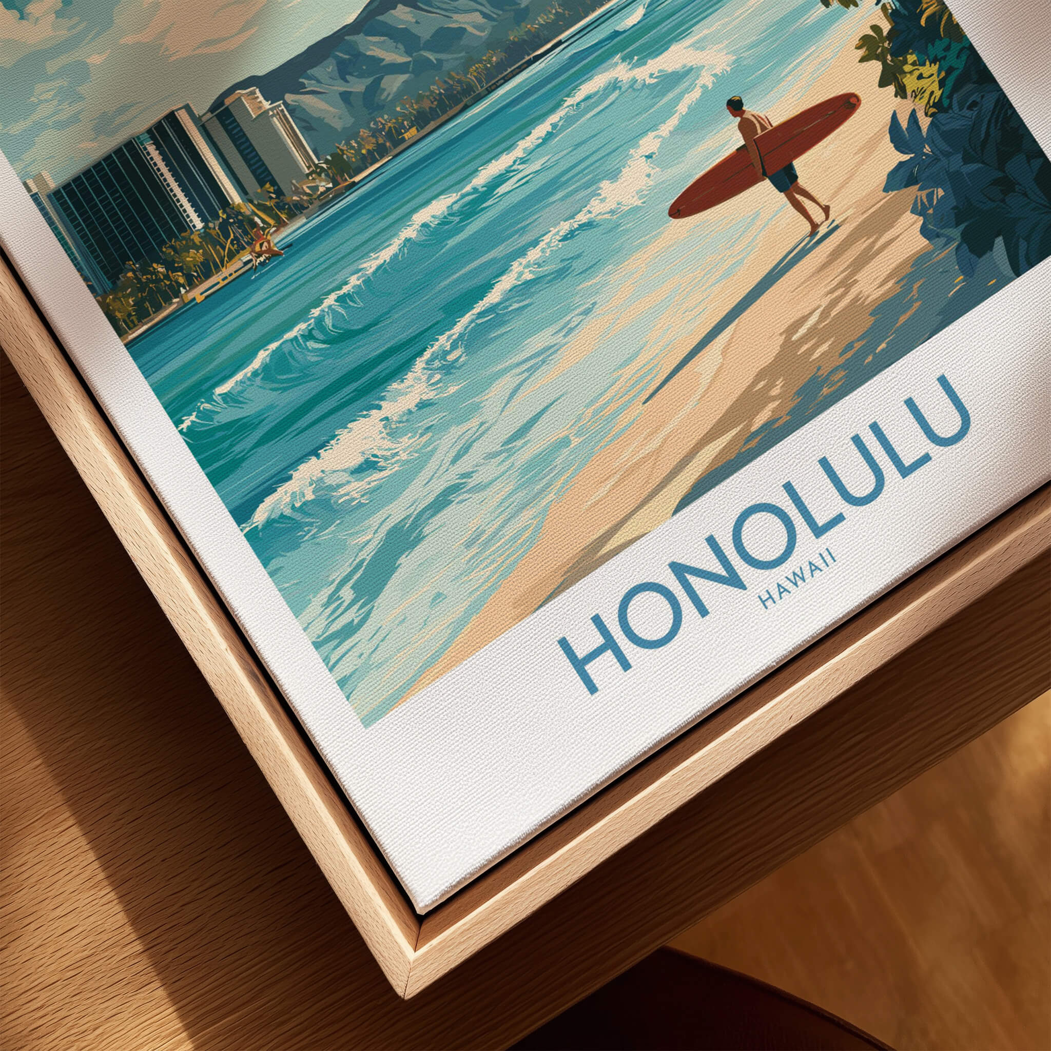 Honolulu Poster | Hawaii Surfing Canvas Print featuring a surfer walking along the beach in Honolulu, Hawaii.
