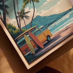 Honolulu Hawaii Travel Poster | Surf Van Beach Wall Art Print featuring a surf van with surfboards on a tropical beach.