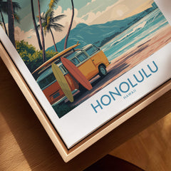 Honolulu Hawaii Poster | Vintage Aloha Style Canvas Print featuring a colorful retro scene with surfboards and palm trees.