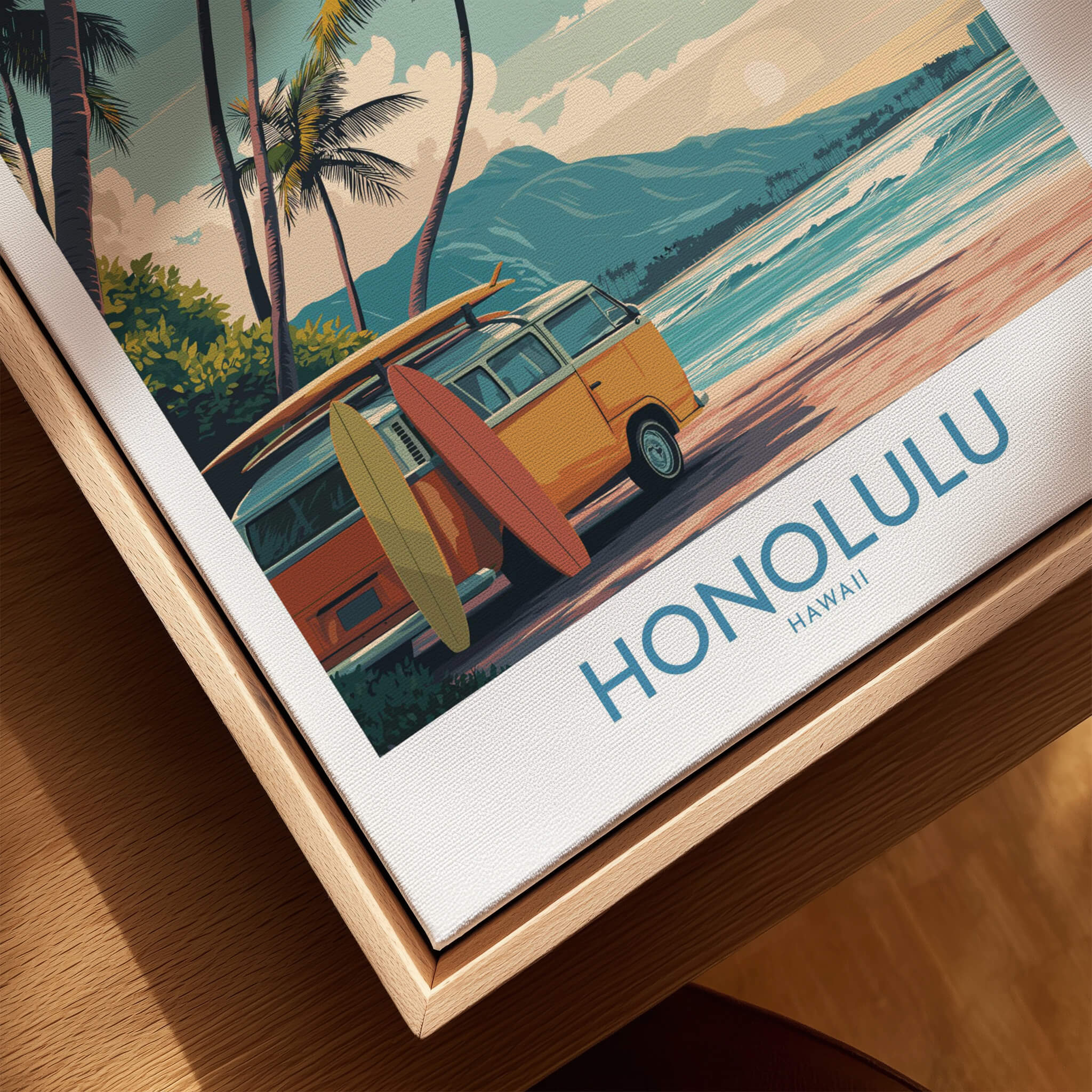Honolulu Hawaii Poster | Vintage Aloha Style Canvas Print featuring a colorful retro scene with surfboards and palm trees.