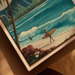 Honolulu Hawaii Wall Art Print | Waikiki Beach Surf Travel Poster featuring surfers at the iconic waves of Waikiki Beach.