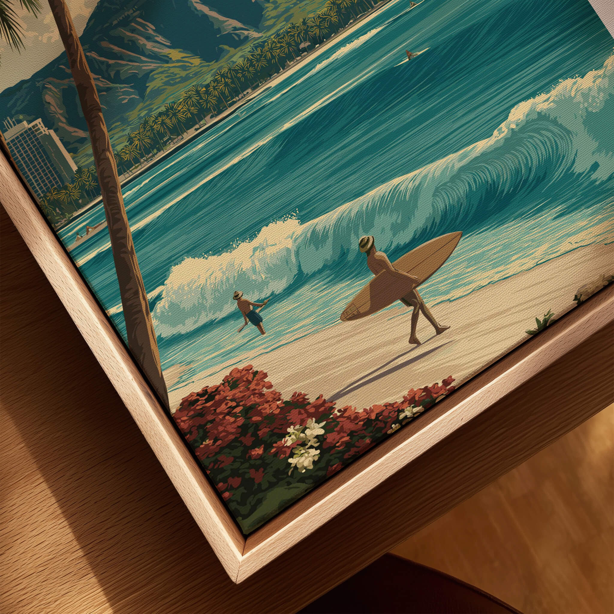 Honolulu Hawaii Wall Art Print | Waikiki Beach Surf Travel Poster featuring surfers at the iconic waves of Waikiki Beach.