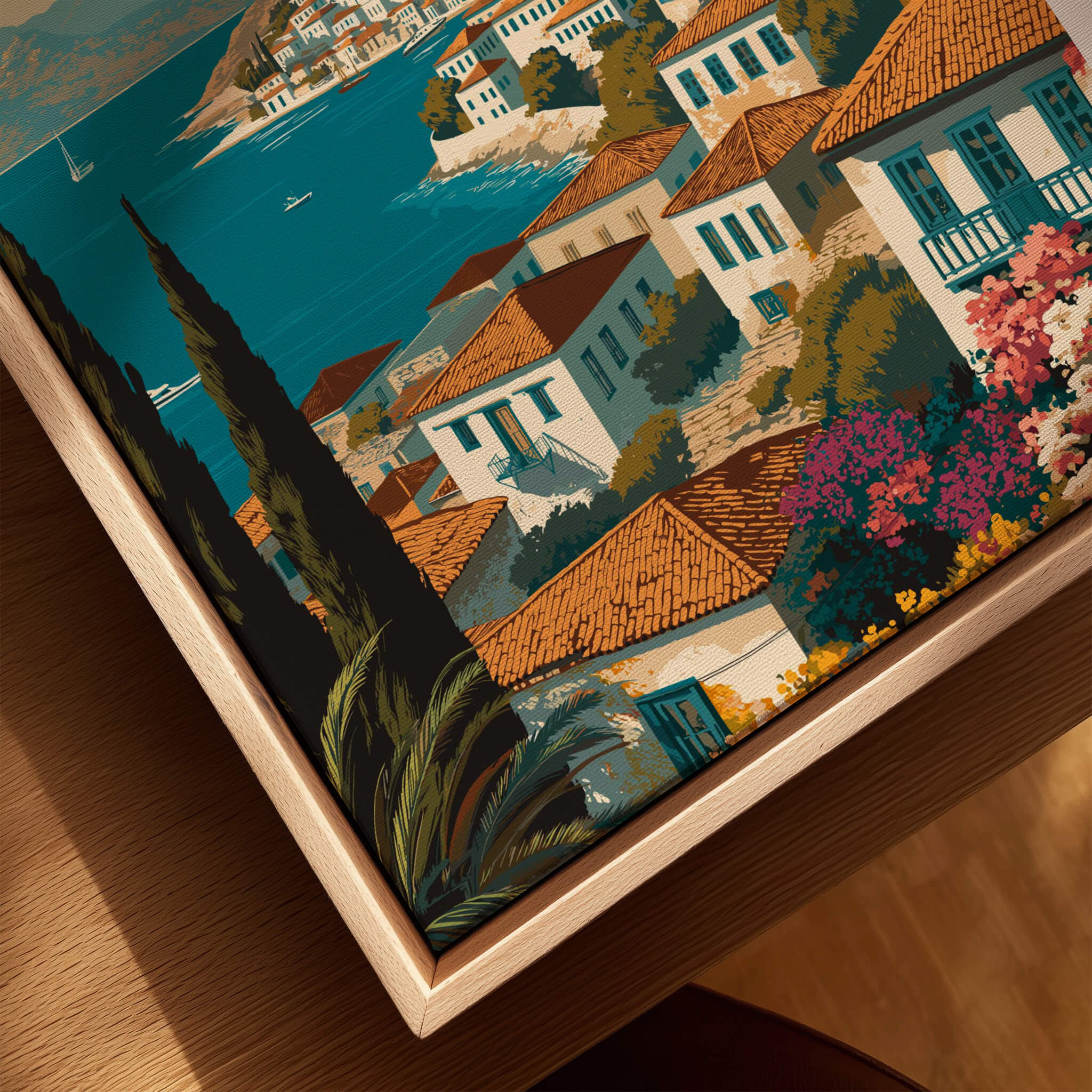Hydra Greece Wall Art Print | Mediterranean Coastal Town Travel Poster showcasing vibrant coastal architecture and scenery.