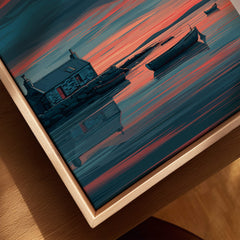 Isle of Islay Scotland Travel Posters | Highland Coastal House Wall Art Print displaying a serene coastal scene with boats.