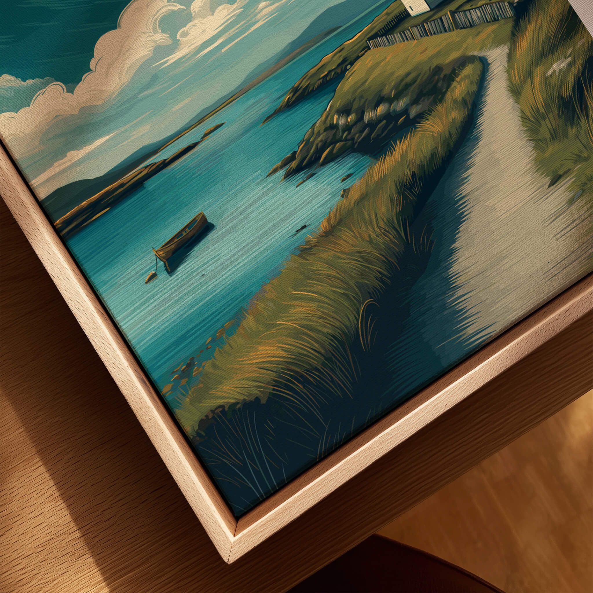 Isle of Islay Scotland Wall Art Print | Coastal Path Travel Poster depicting a serene coastal scene with a turquoise sea.