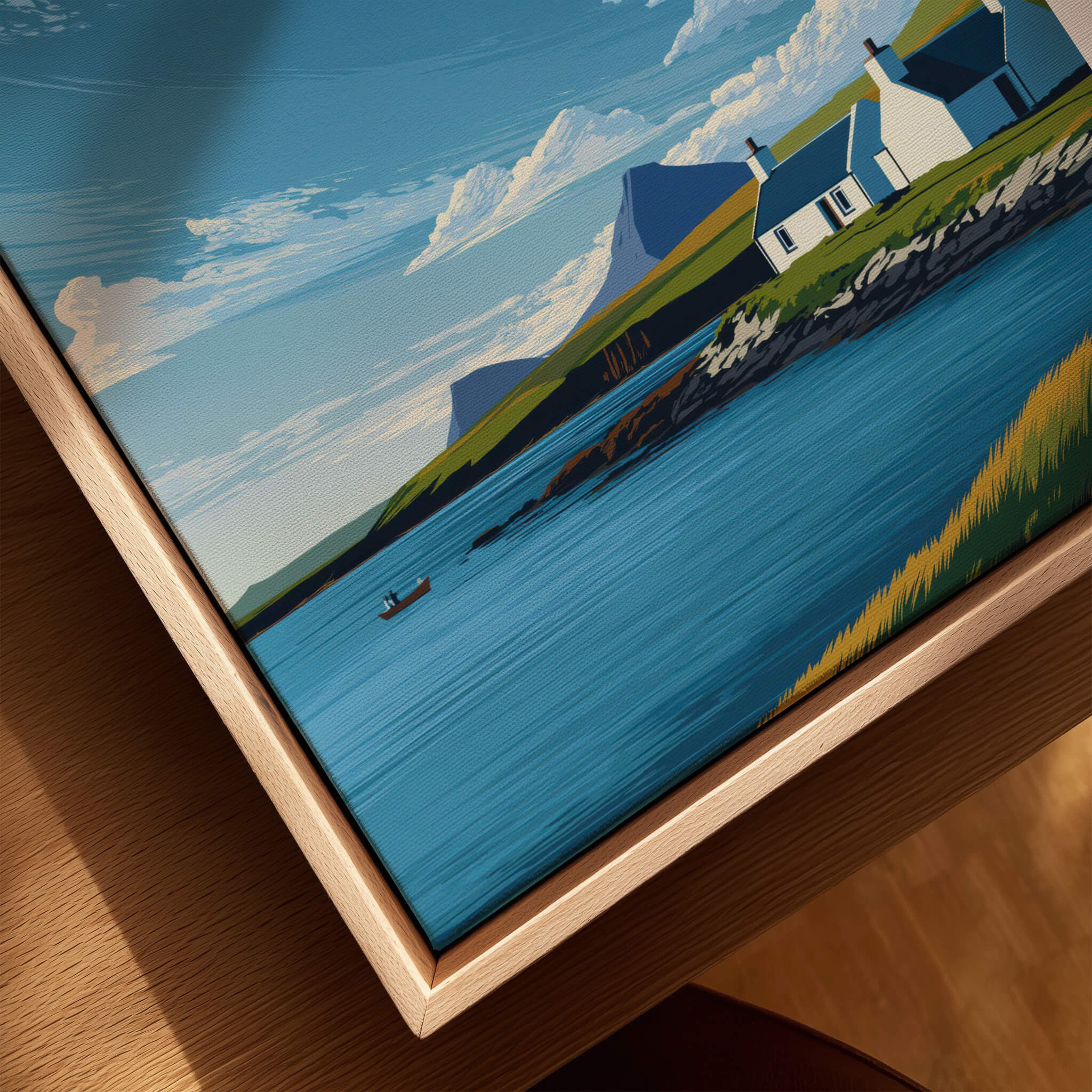 Isle of Islay Scotland Travel Posters | Sunny Coastal Wall Art Print featuring a tranquil seaside landscape.