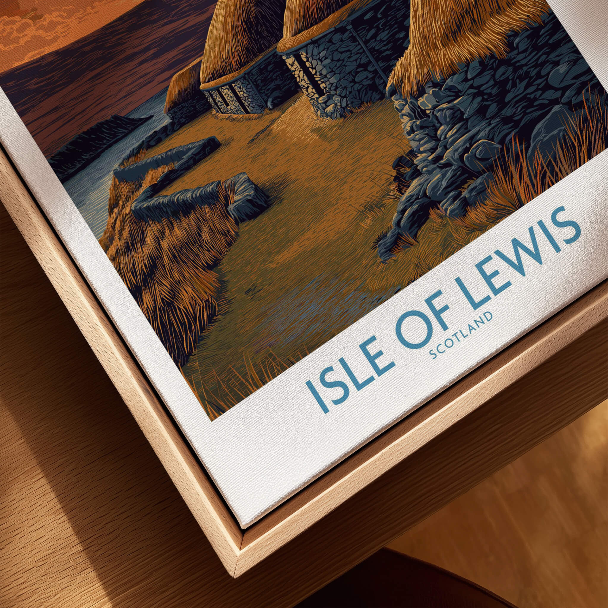 Isle of Lewis Scotland Canvas Print | Outer Hebrides Norse Mill Poster featuring historic buildings and coastal scenery.