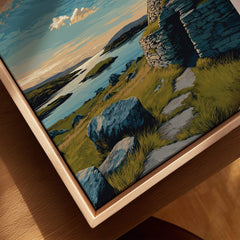 Isle of Lewis Scotland Travel Poster | Gearrannan Blackhouse Wall Art Print featuring a scenic view of the Hebrides.