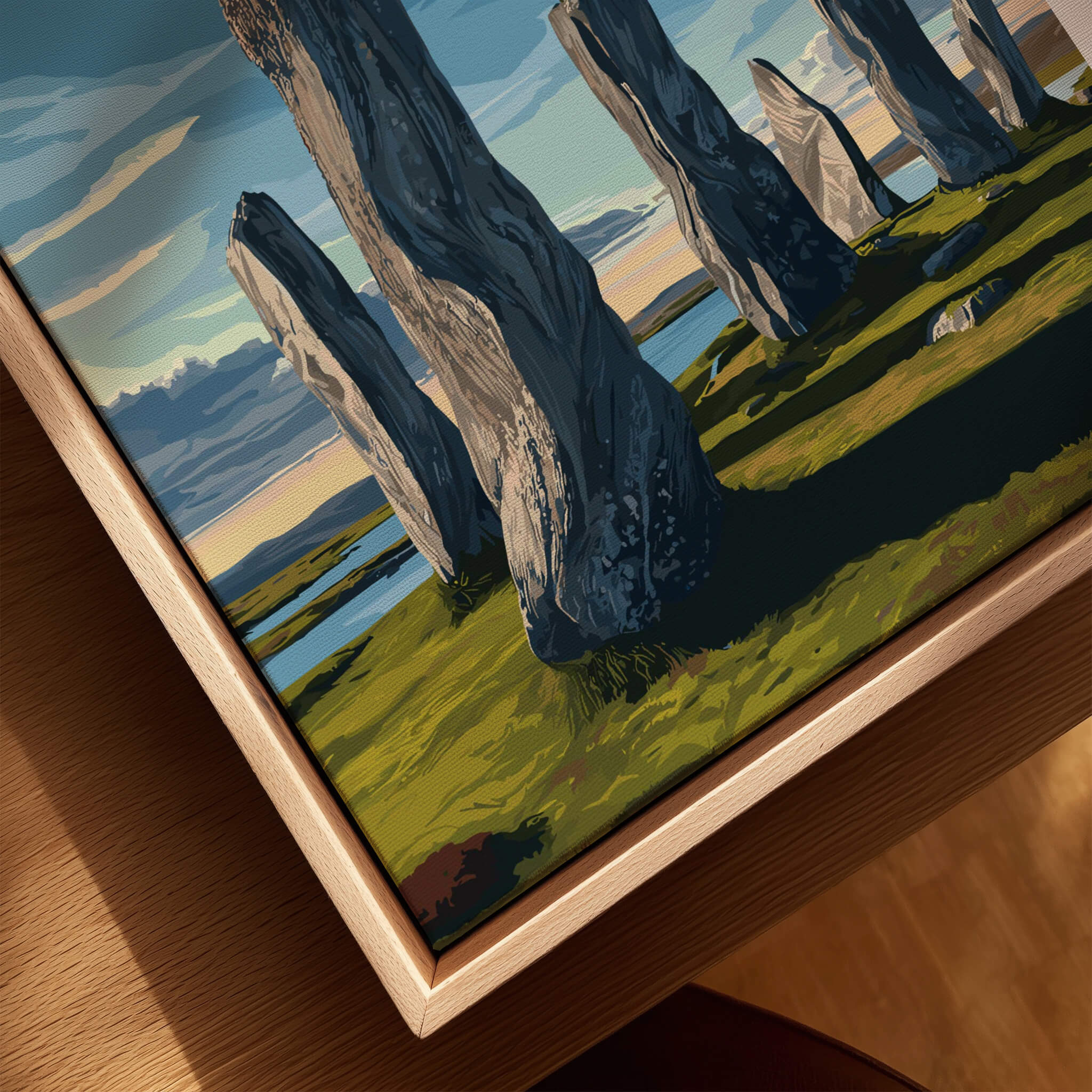 Isle of Lewis Scotland Wall Art Print | Callanish Standing Stones Travel Poster featuring ancient megaliths in vibrant colors.