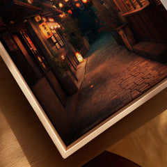 Framed canvas print of a lantern-lit Japanese street scene in a natural wood floating frame