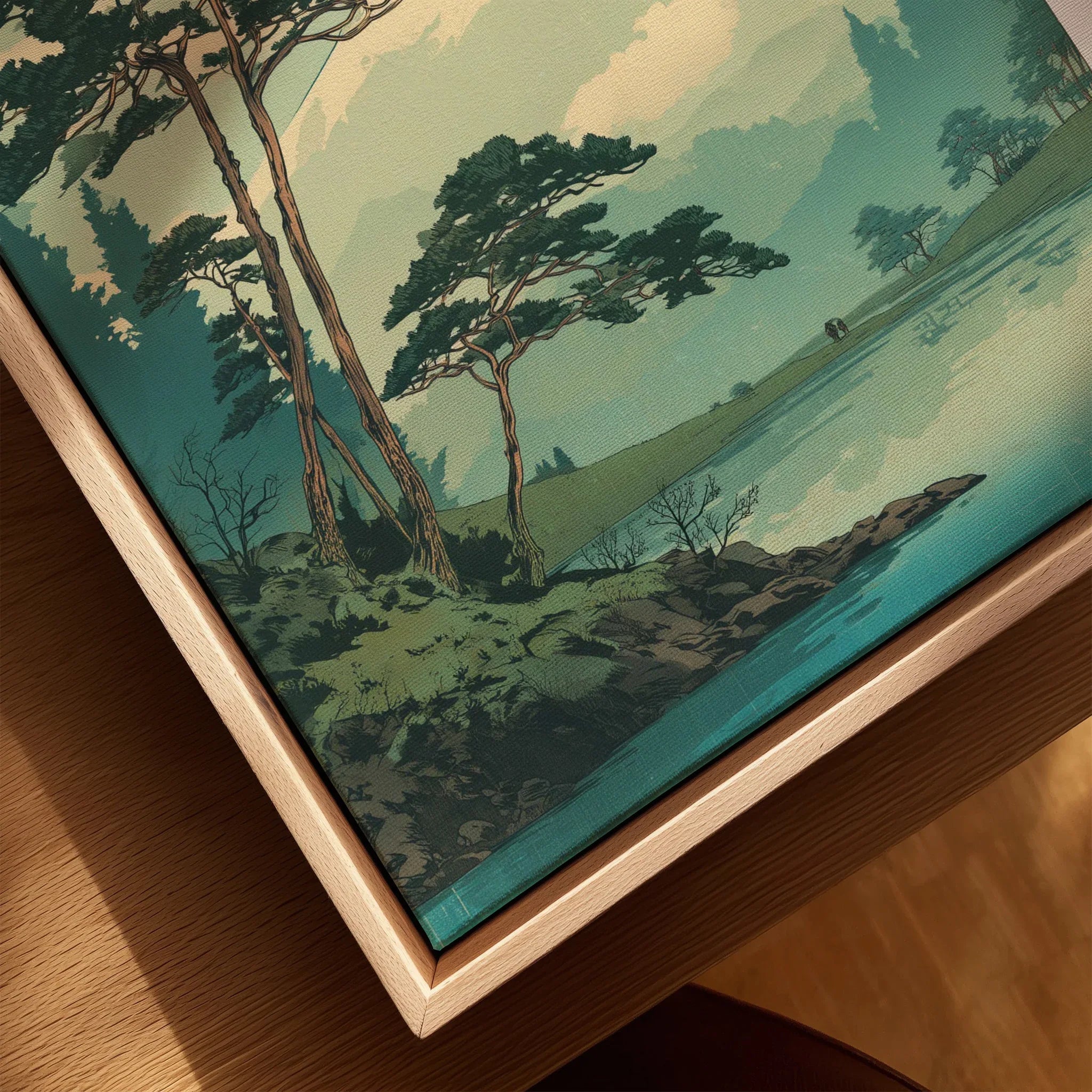 Close-up of framed canvas wall art with trees and lake in a natural wood frame