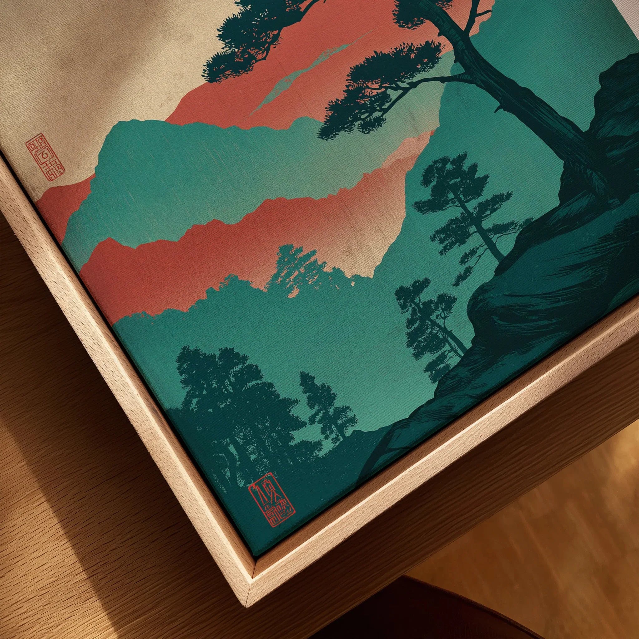 Close-up of framed canvas wall art with Japanese woodblock-style landscape and natural wood frame