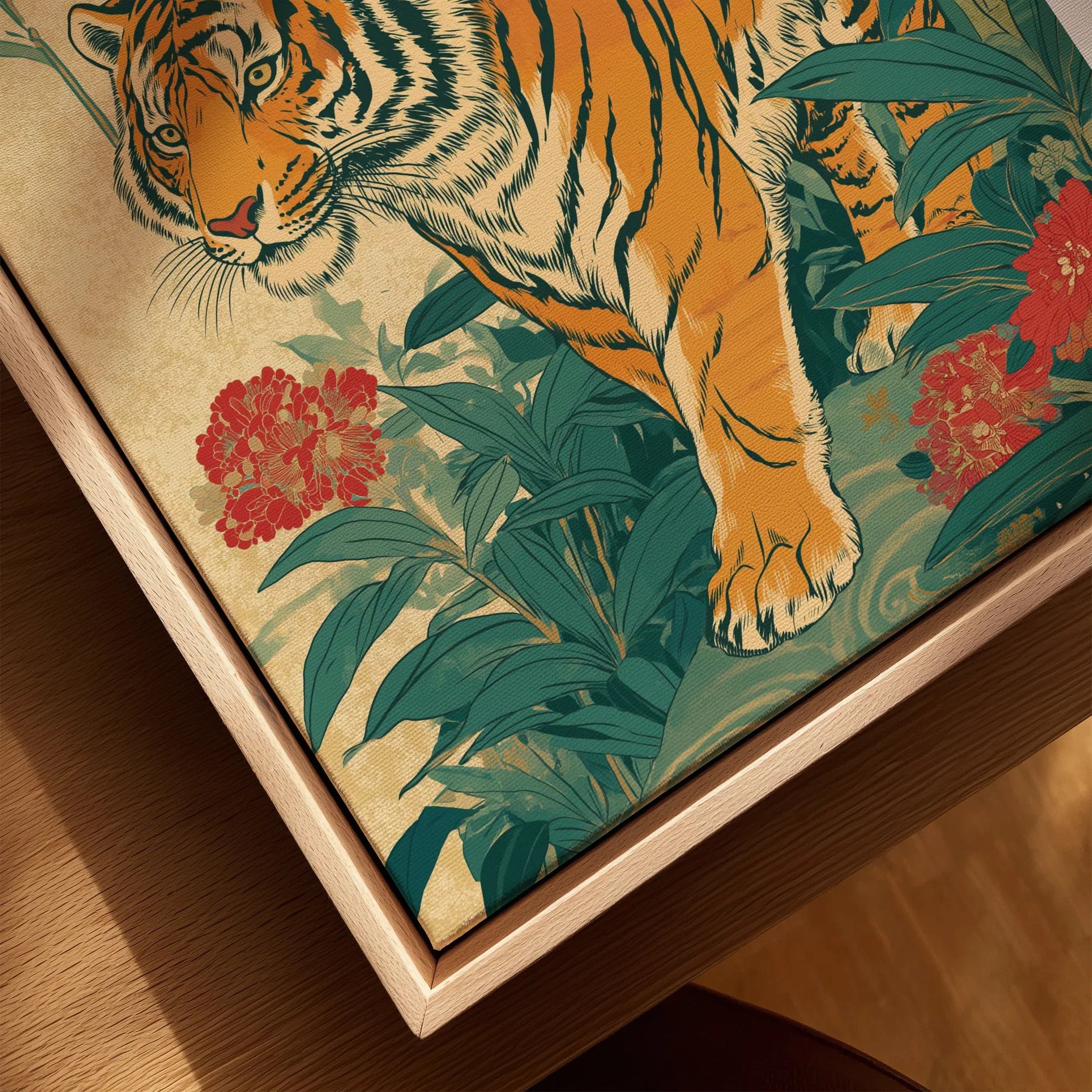 Close-up of framed canvas art featuring an illustrated tiger with flowers and green foliage