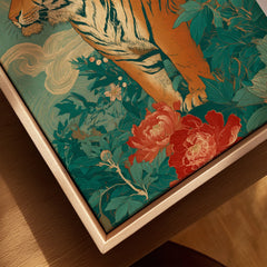 Close-up of Japanese tiger art print with floral and botanical details in wood floating frame