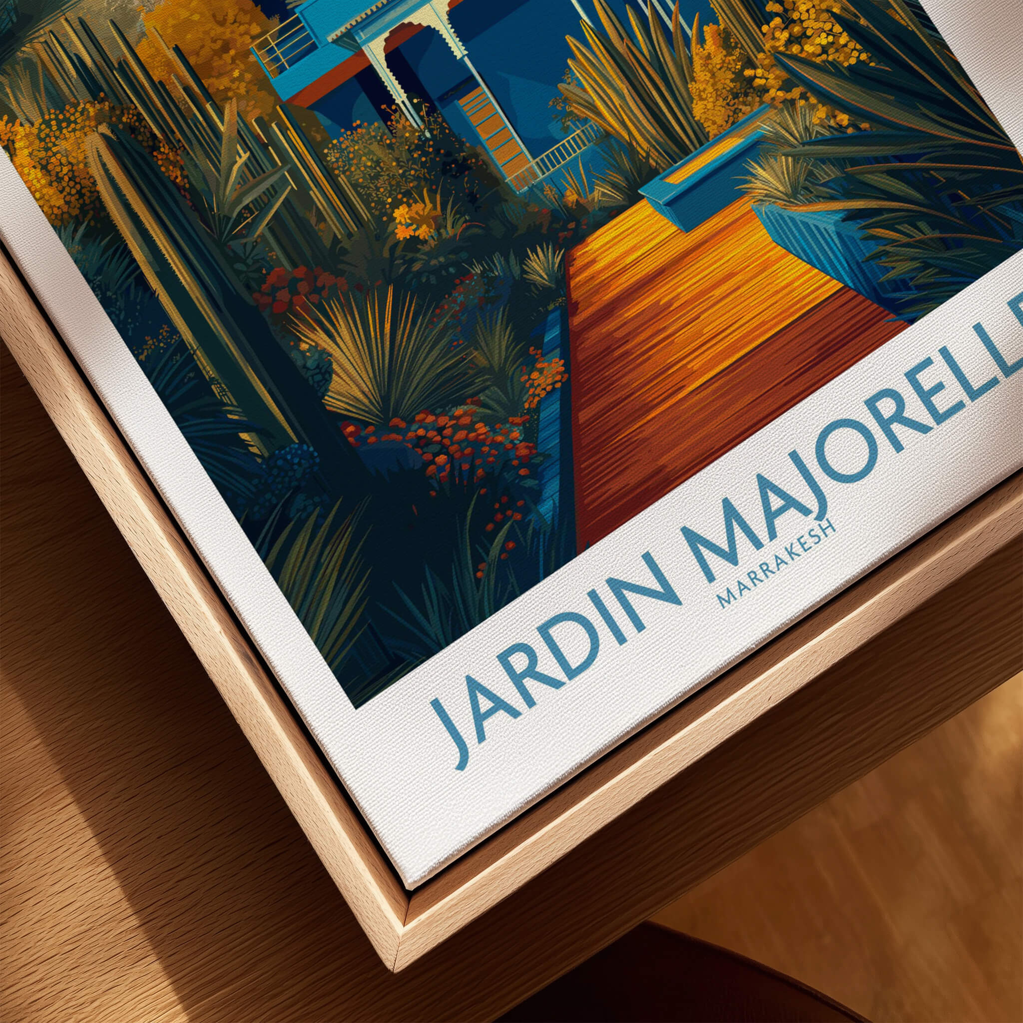 Jardim Majorelle Marrakesh Posters | Vibrant Architecture & Palms Canvas Print close-up of art print in wooden frame.