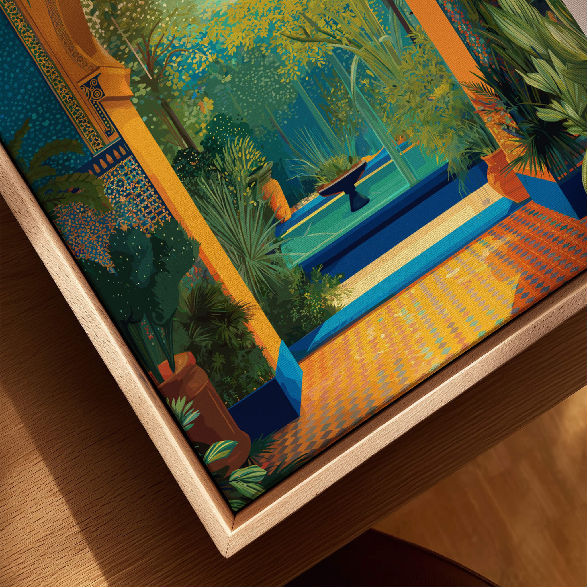 Jardim Majorelle Marrakesh Travel Posters | Moroccan Archway Garden Wall Art Print featuring vibrant archway and lush garden.
