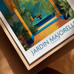 Jardim Majorelle Marrakesh Canvas Print | Tropical Oasis Landscape Poster displayed in a stylish wooden frame.