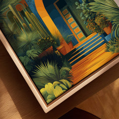 Jardim Majorelle Marrakesh Wall Art Print | Botanical Moroccan Villa Travel Poster, featuring lush plants and vibrant architecture.