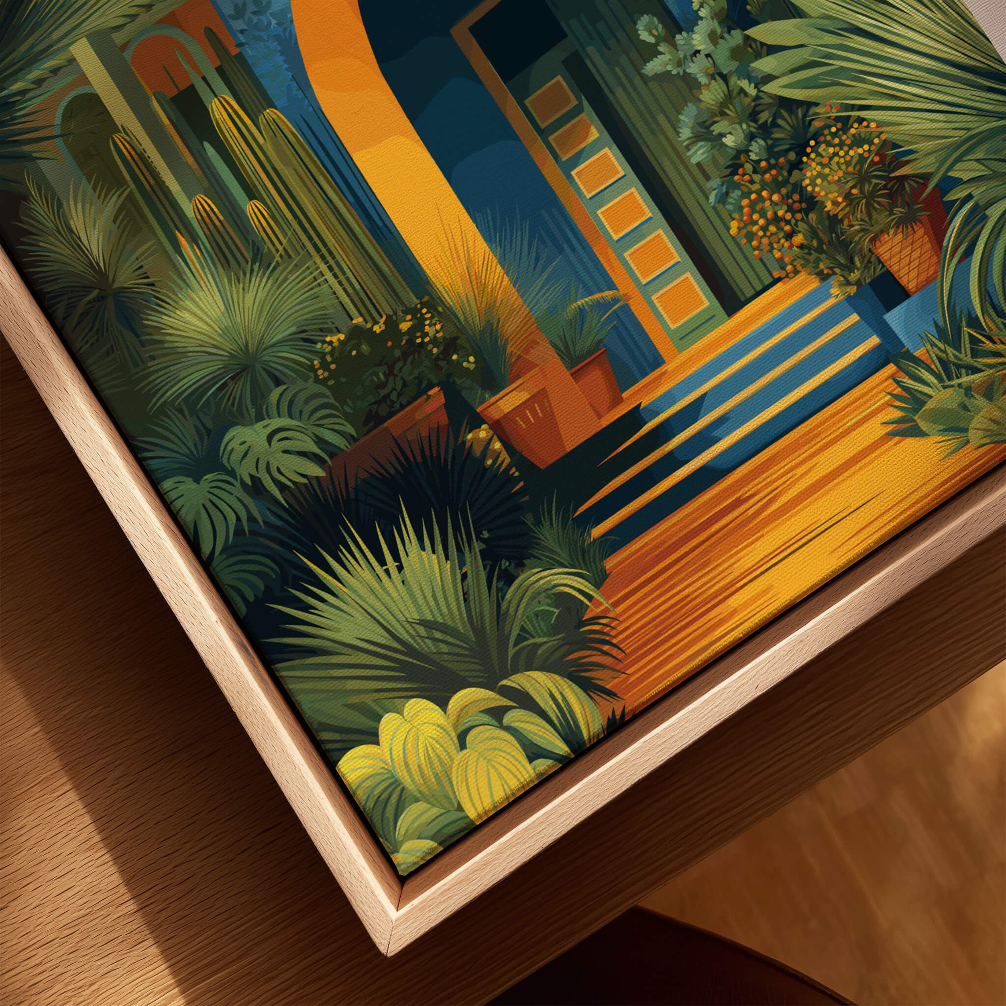 Jardim Majorelle Marrakesh Wall Art Print | Botanical Moroccan Villa Travel Poster, featuring lush plants and vibrant architecture.