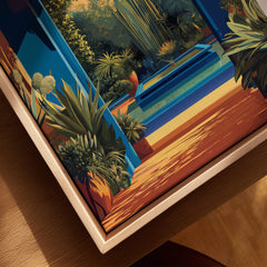 Jardim Majorelle Marrakesh Travel Posters | Garden Fountain Scene Wall Art Print featuring vibrant flora and a serene fountain.