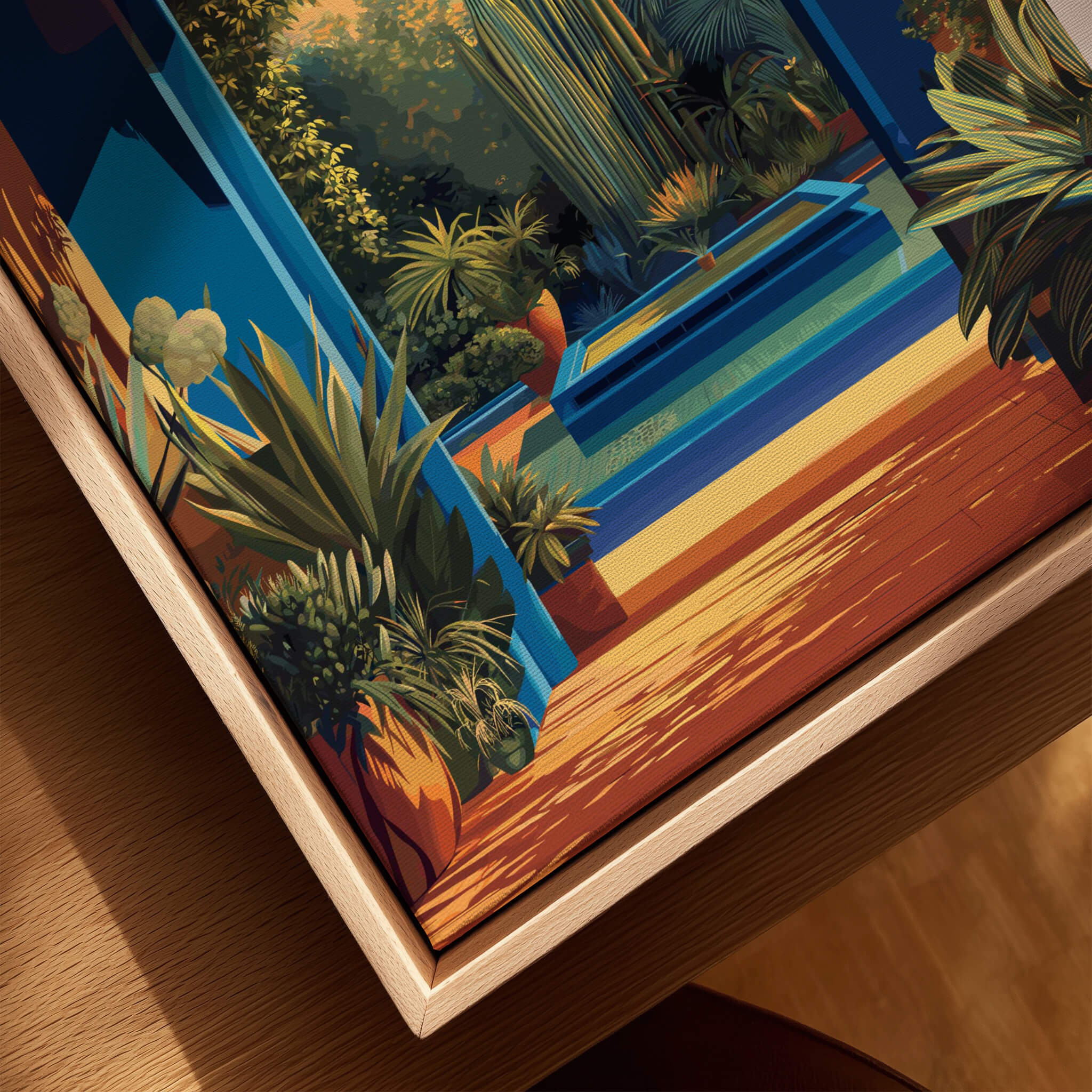 Jardim Majorelle Marrakesh Travel Posters | Garden Fountain Scene Wall Art Print featuring vibrant flora and a serene fountain.