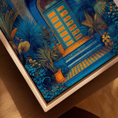 Jardim Majorelle Marrakesh Wall Art Print | Ornate Moroccan Doorway Travel Posters featuring vibrant Moroccan doorway surrounded by lush vegetation.