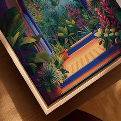 Jardim Majorelle Marrakesh Travel Poster | Lush Tropical Garden Wall Art Print featuring lush plants and vibrant colors.