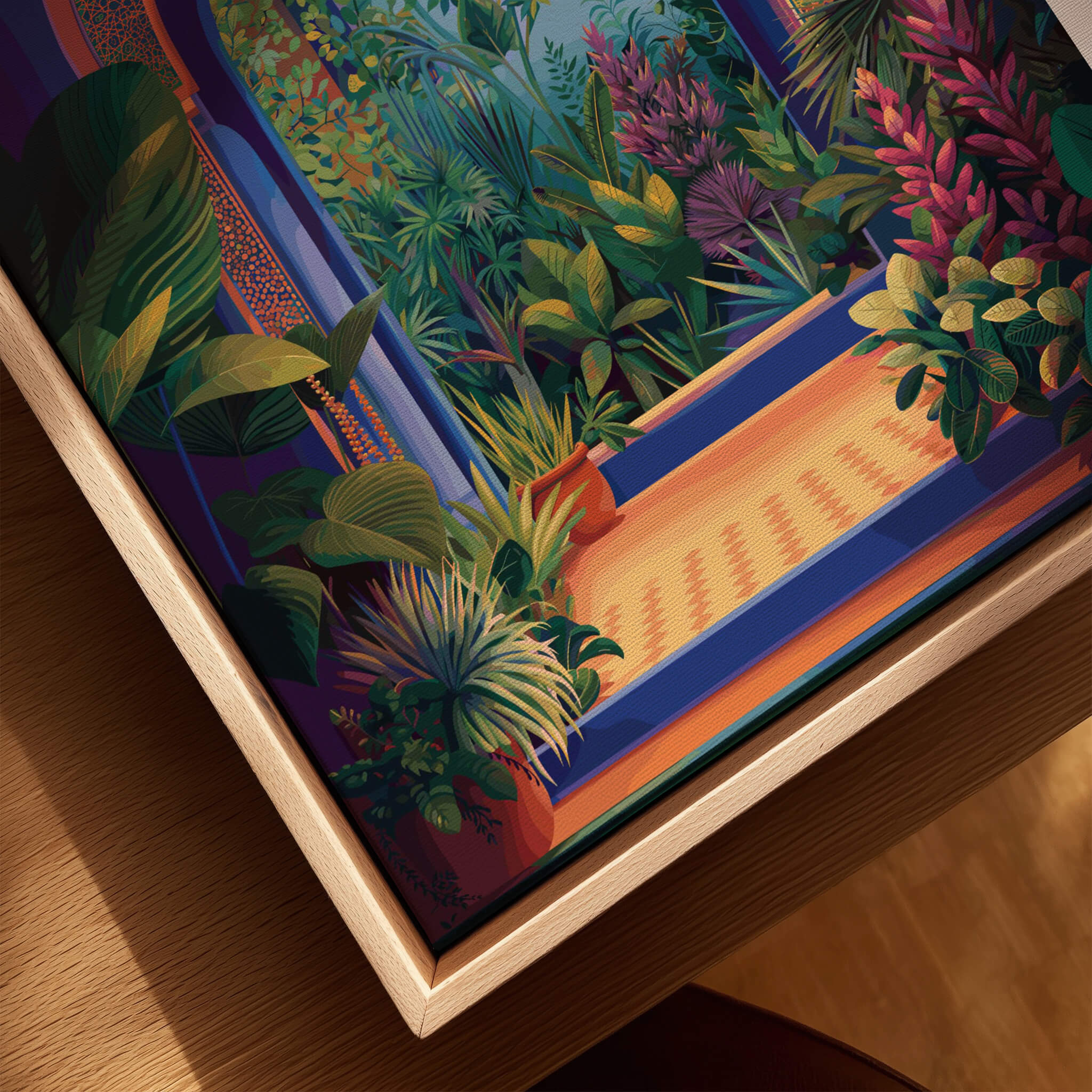 Jardim Majorelle Marrakesh Travel Poster | Lush Tropical Garden Wall Art Print featuring lush plants and vibrant colors.