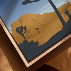 Closeup of Joshua Tree National Park art print on canvas with natural wood floating frame