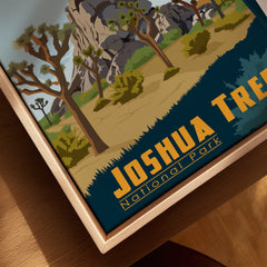 Closeup of Joshua Tree National Park travel poster in natural wood floating frame