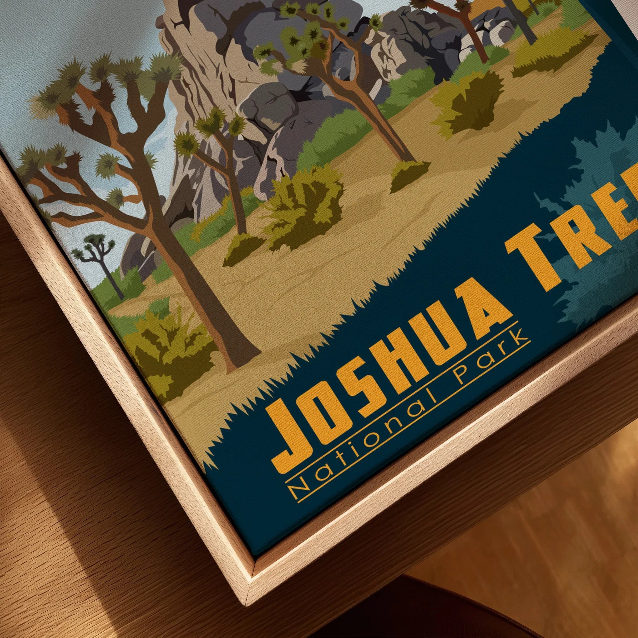 Closeup of Joshua Tree National Park travel poster in natural wood floating frame