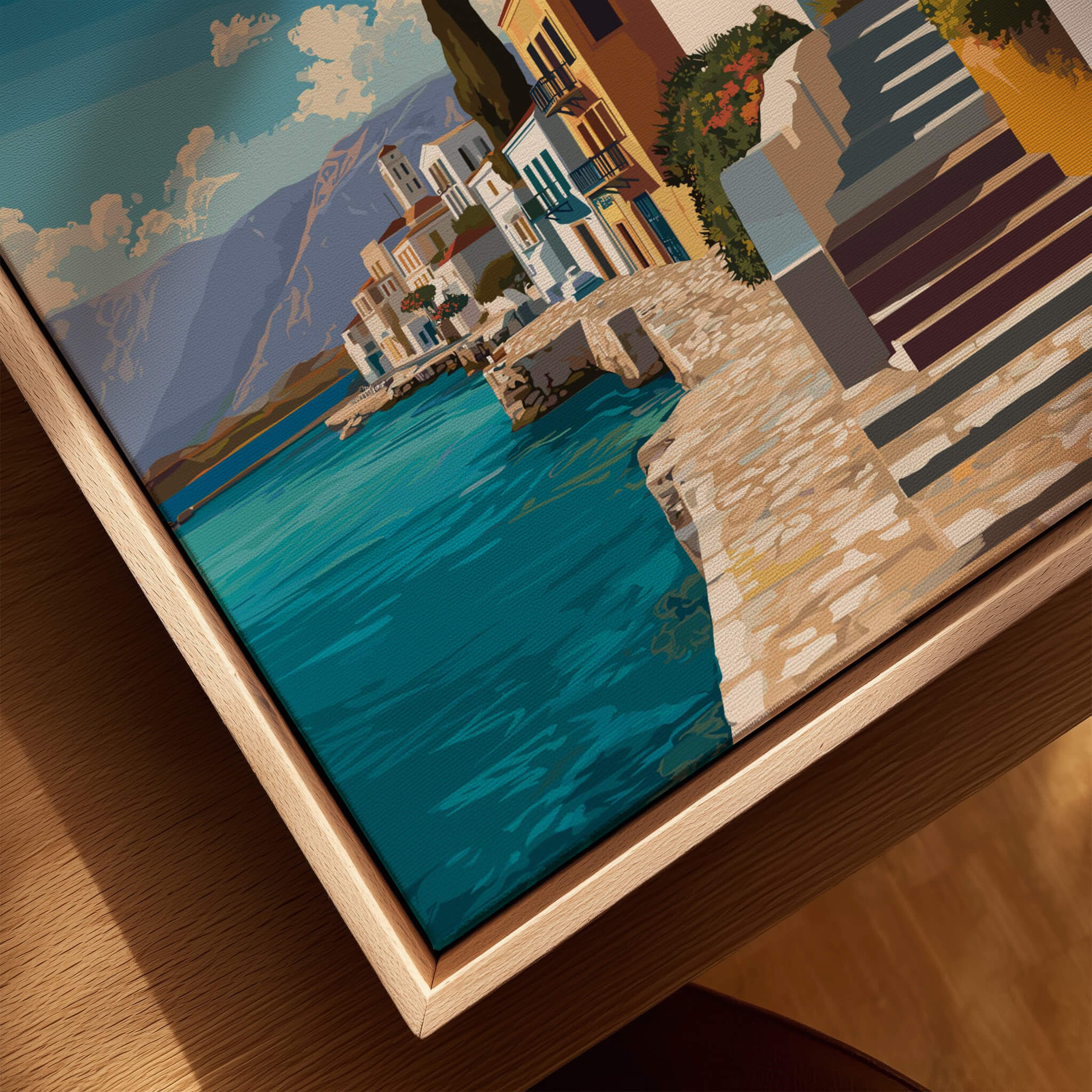 Kalamata Greece Wall Art Print | Mediterranean Seaside Town Travel Poster depicting a vibrant waterfront with blue water.