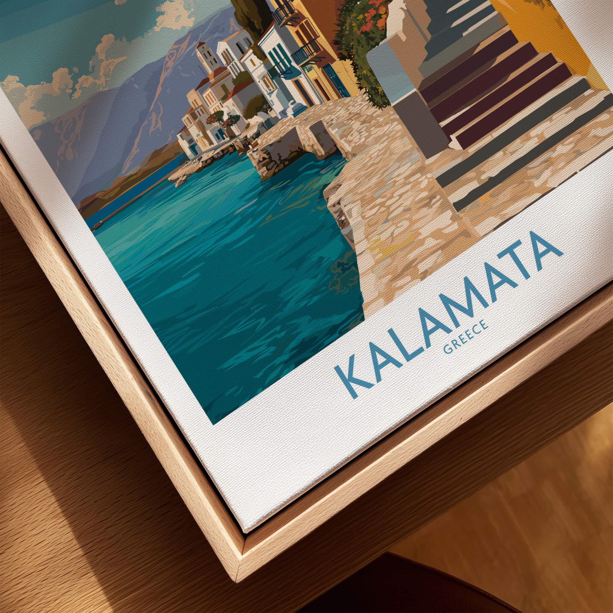 Kalamata Greece Poster | Greek Coastal Canvas Print showcasing vibrant coastal scenery and architecture.