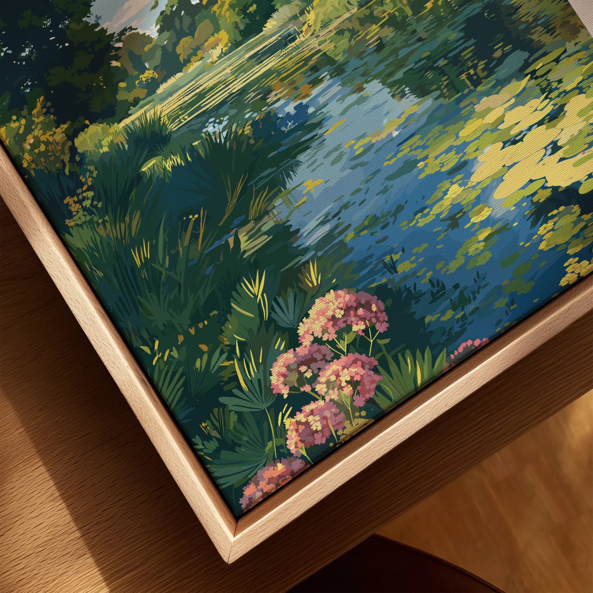 Close-up of a framed canvas wall art showing a colorful landscape with wildflowers, pond, and greenery in a natural wood floating frame.