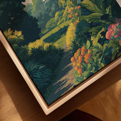 Close-up of framed canvas wall art with a colorful garden path and lush greenery