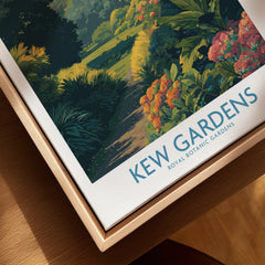 Closeup of Kew Gardens travel poster print in natural wood floating frame