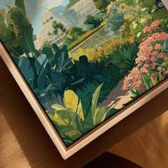 Close-up of botanical garden art print in natural wood floating frame, vibrant plants and flowers