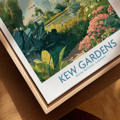 Close-up of Kew Gardens travel poster with natural wood floating frame, botanical wall art