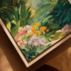 Closeup of botanical wall art print in natural wood floating frame, featuring colorful flowers and lush green leaves.