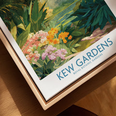 Framed canvas wall art of Kew Gardens with colorful flowers and lush greenery close-up