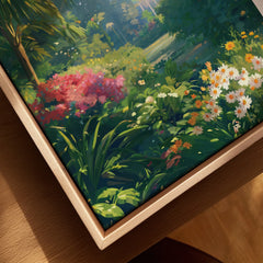 Close-up of canvas wall art with colorful garden flowers in a natural wood floating frame