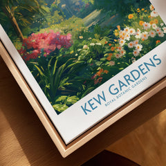 Kew Gardens floral art print in natural wood floating frame, vibrant travel poster style