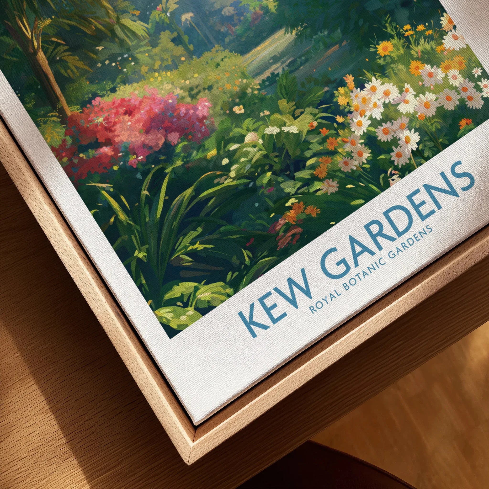 Kew Gardens floral art print in natural wood floating frame, vibrant travel poster style