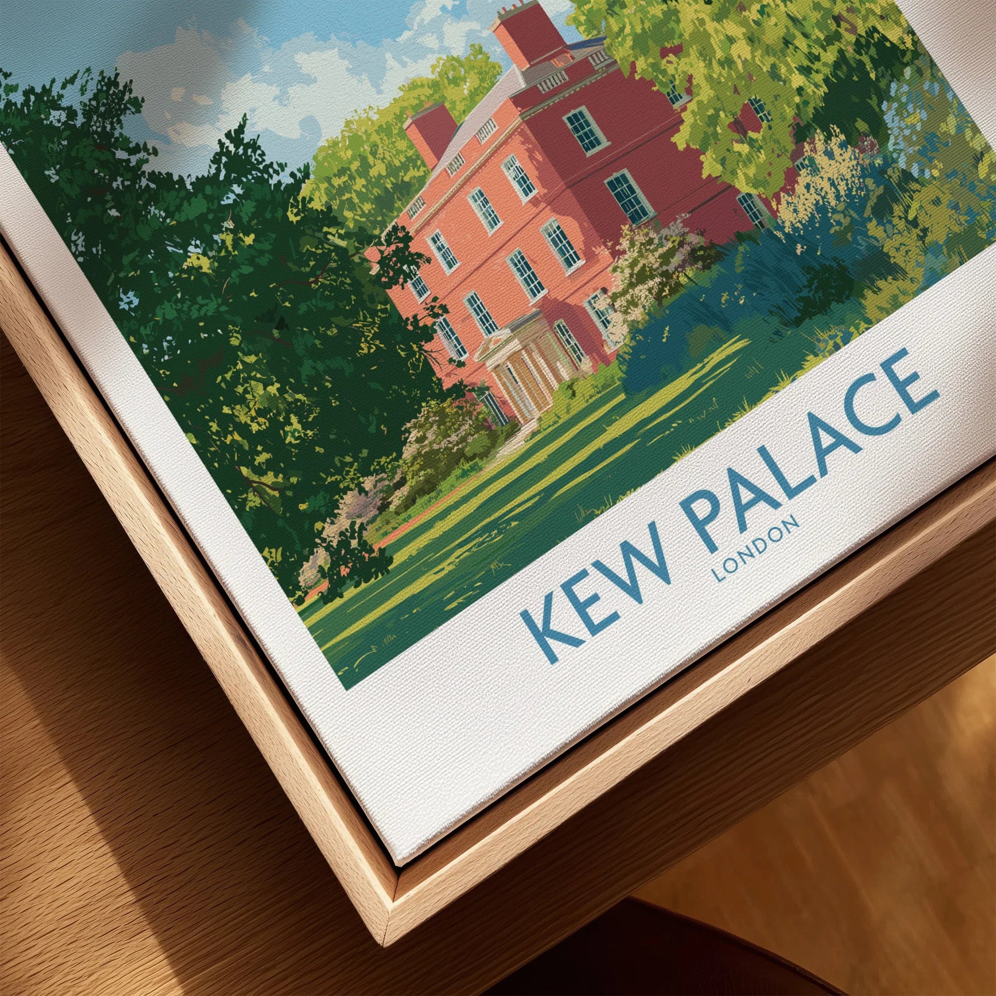 Kew Palace London travel poster in natural wood floating frame, close-up wall art print
