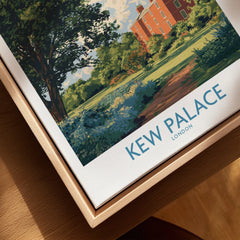 Close-up of Kew Palace London travel art poster in natural wood floating frame