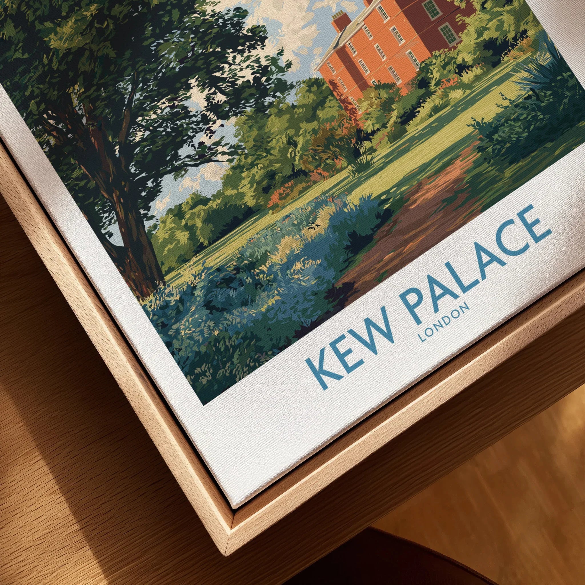 Close-up of Kew Palace London travel art poster in natural wood floating frame