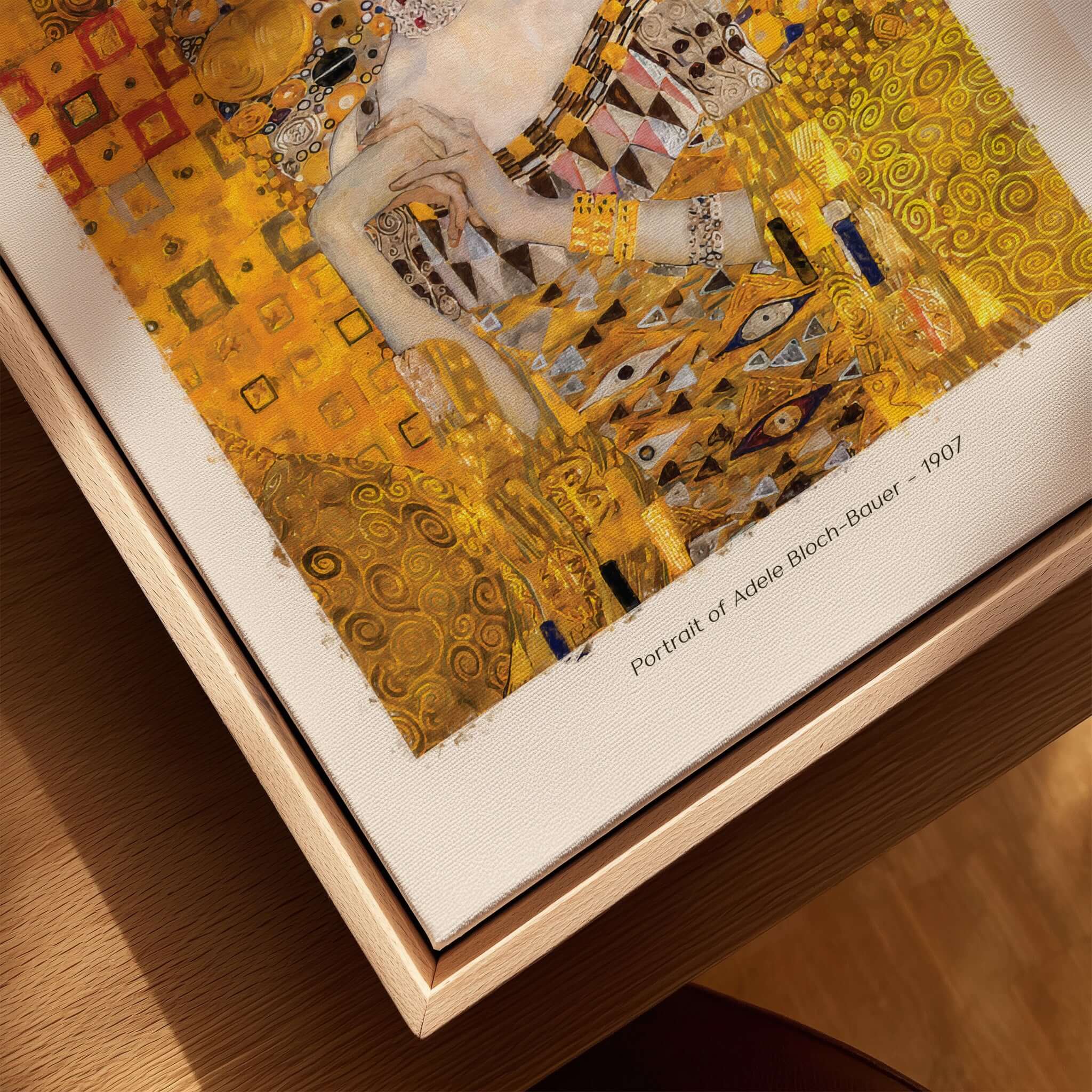 Gustav Klimt Art Print - Portrait of Adele Bloch-Bauer I Poster 1907 displayed in a wooden frame.