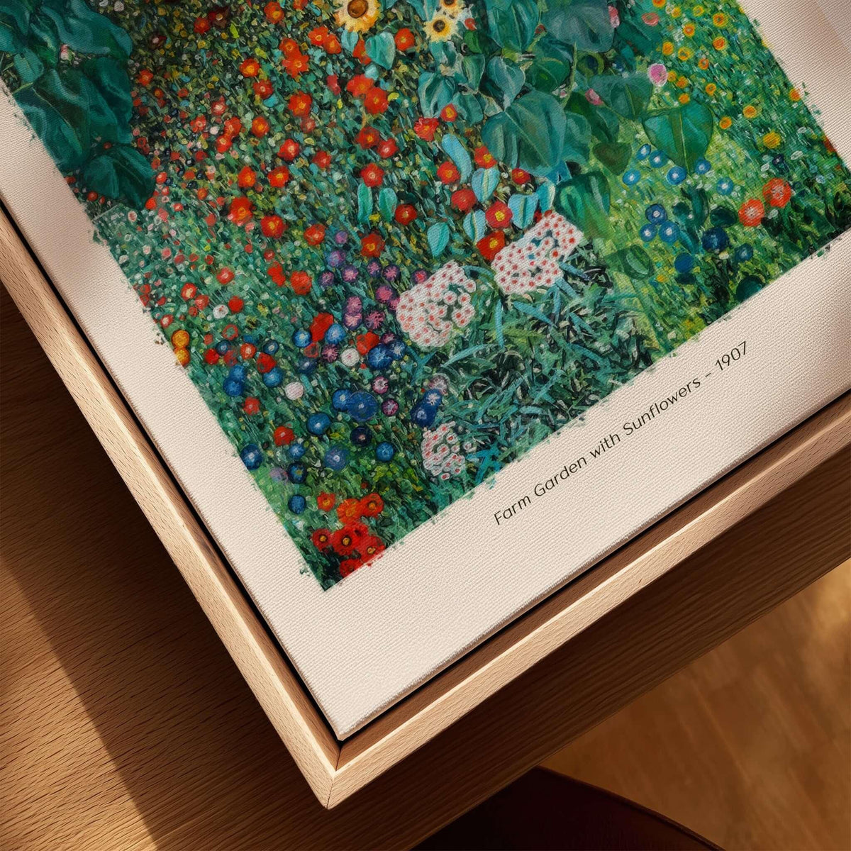 Gustav Klimt Art Print - Farm Garden with Sunflowers 1907 - Art Nouveau Landscape Poster Wall Decor displayed on a wooden frame.